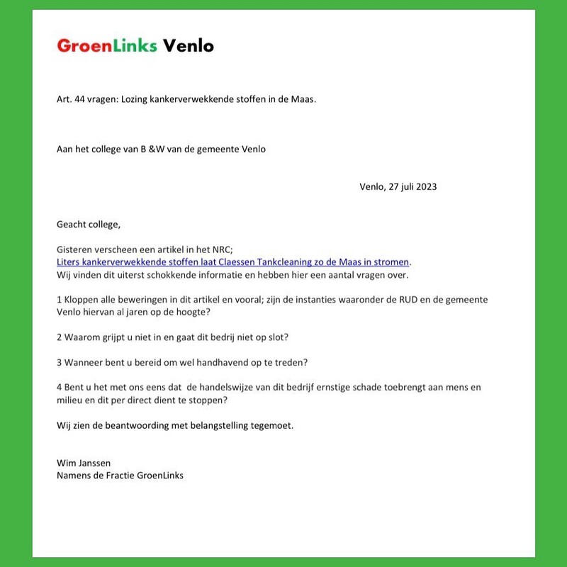 Lozing kankerverwerkkende stoffen in de Maas artikel 44 vragen